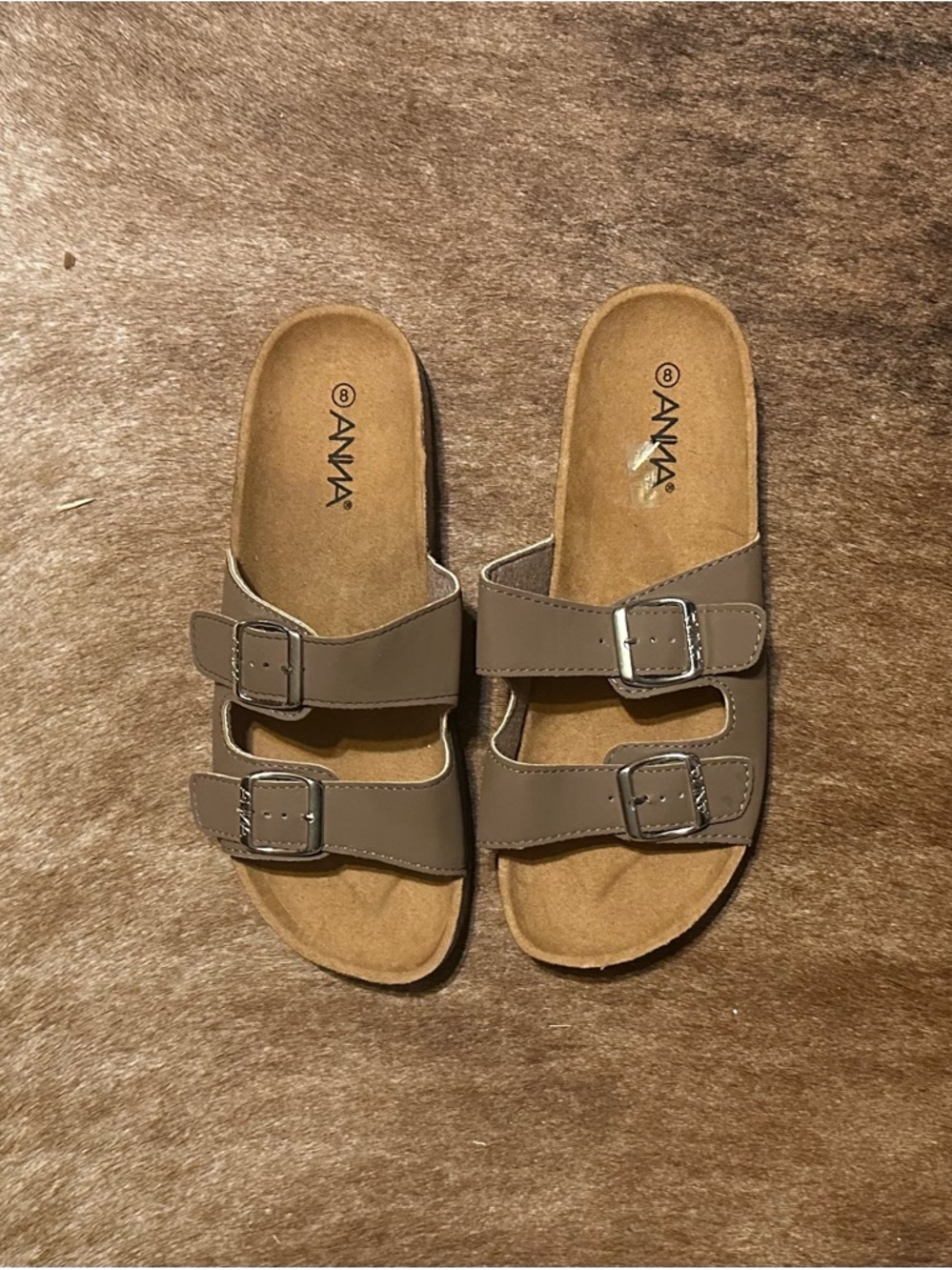 NWT Sz 8 ANNA Taupe Double Buckle Slide Sandals with Silver Buckles